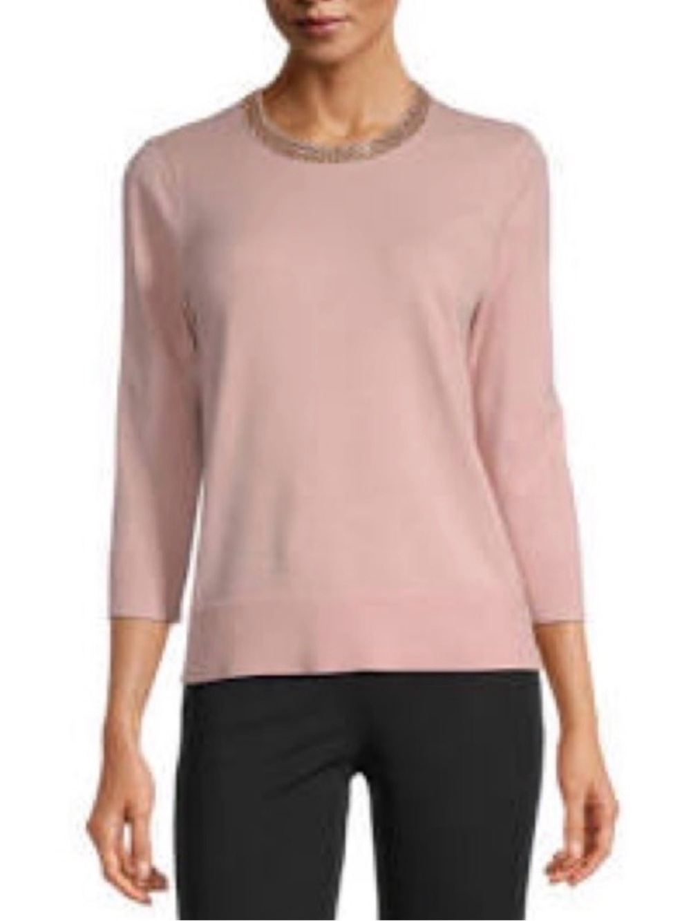 Liz Claiborne Pale Pink Crewneck Sweater with Embellished Neck
